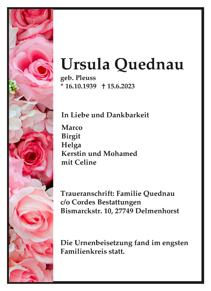  Traueranzeige für Ursula Quednau vom 22.07.2023 aus trauer.de