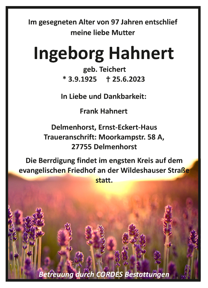  Traueranzeige für Ingeborg Hahnert vom 01.07.2023 aus trauer.de