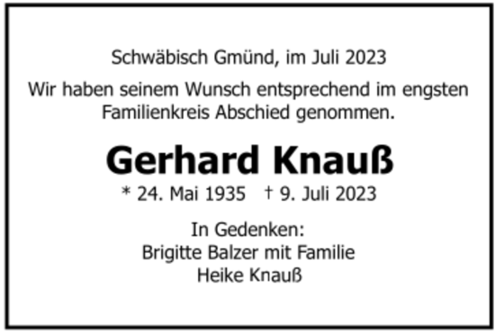 Todesanzeige von Gerhard Knauß von trauer.de