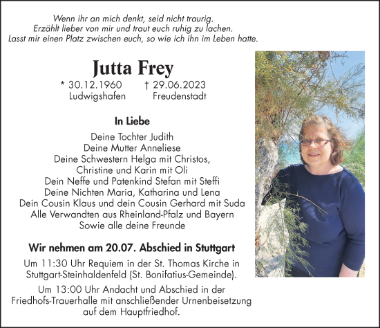 Todesanzeige von Jutta Frey von trauer.de
