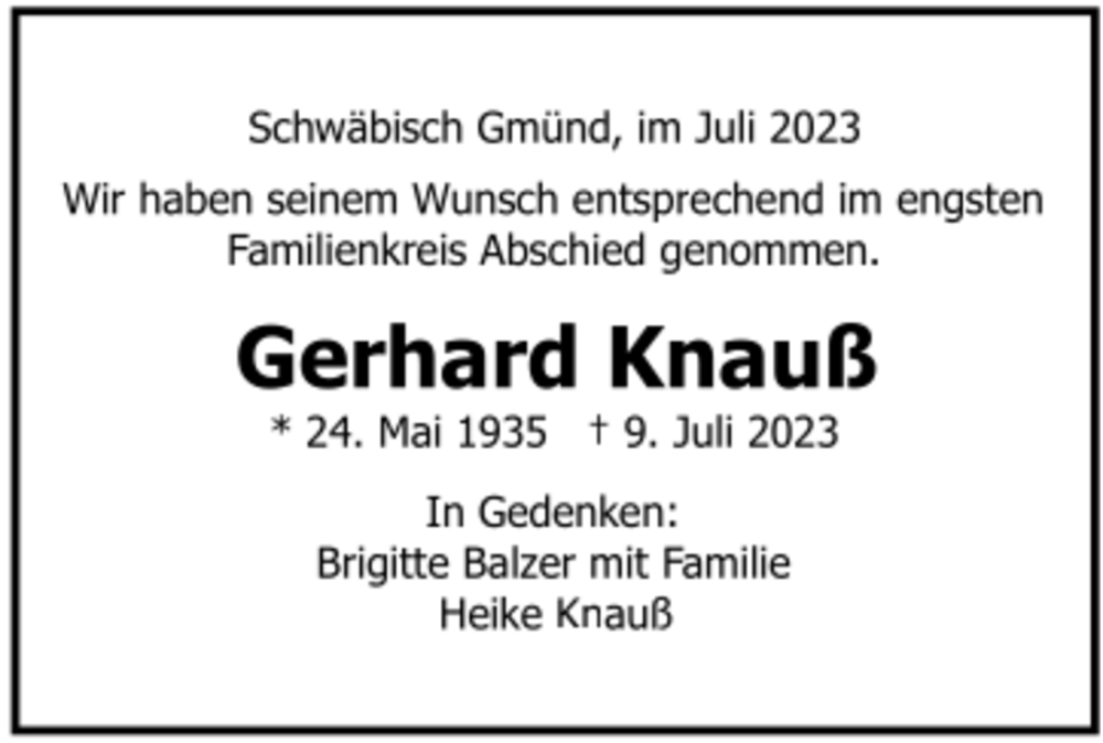  Traueranzeige für Gerhard Knauß vom 18.07.2023 aus trauer.de
