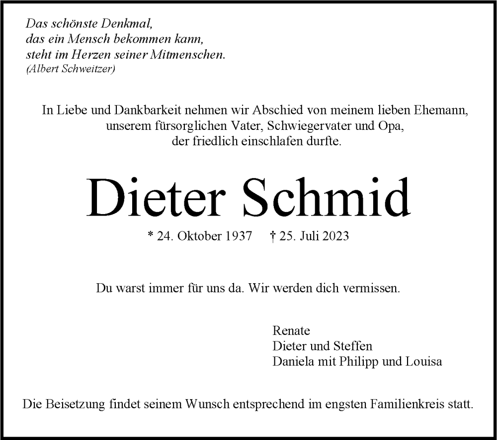  Traueranzeige für Dieter Schmid vom 05.08.2023 aus trauer.de