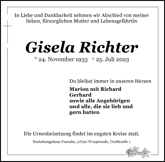 Todesanzeige von Gisela Richter von trauer.de
