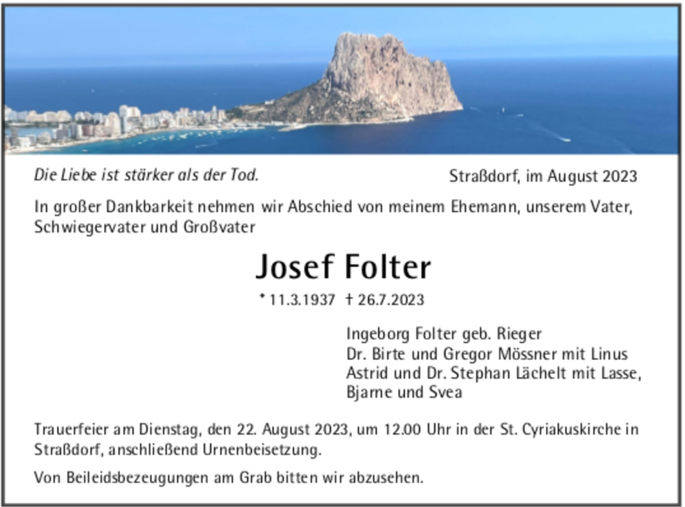  Traueranzeige für Josef Folter vom 19.08.2023 aus trauer.de