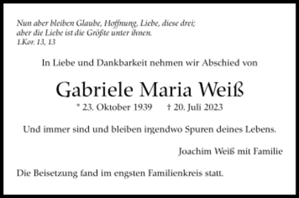  Traueranzeige für Gabriele Maria Weiß vom 05.08.2023 aus trauer.de