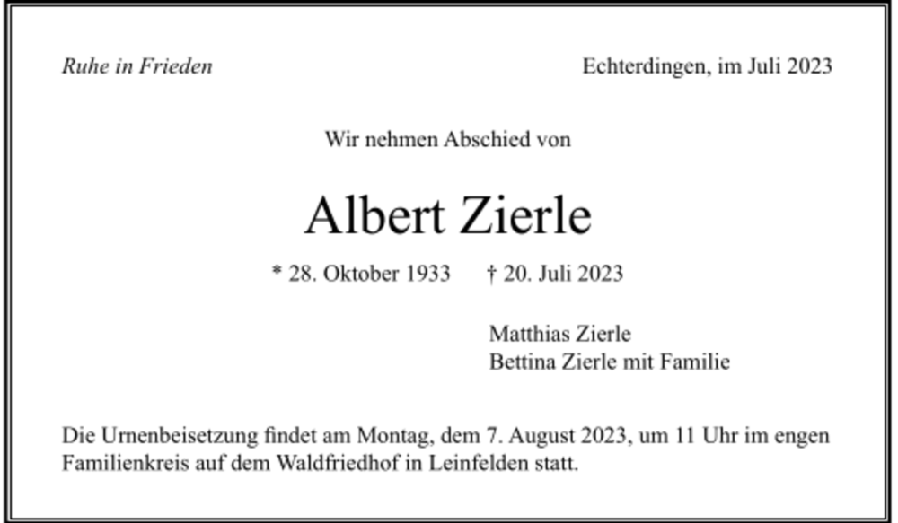  Traueranzeige für Albert Zierle vom 31.07.2023 aus trauer.de