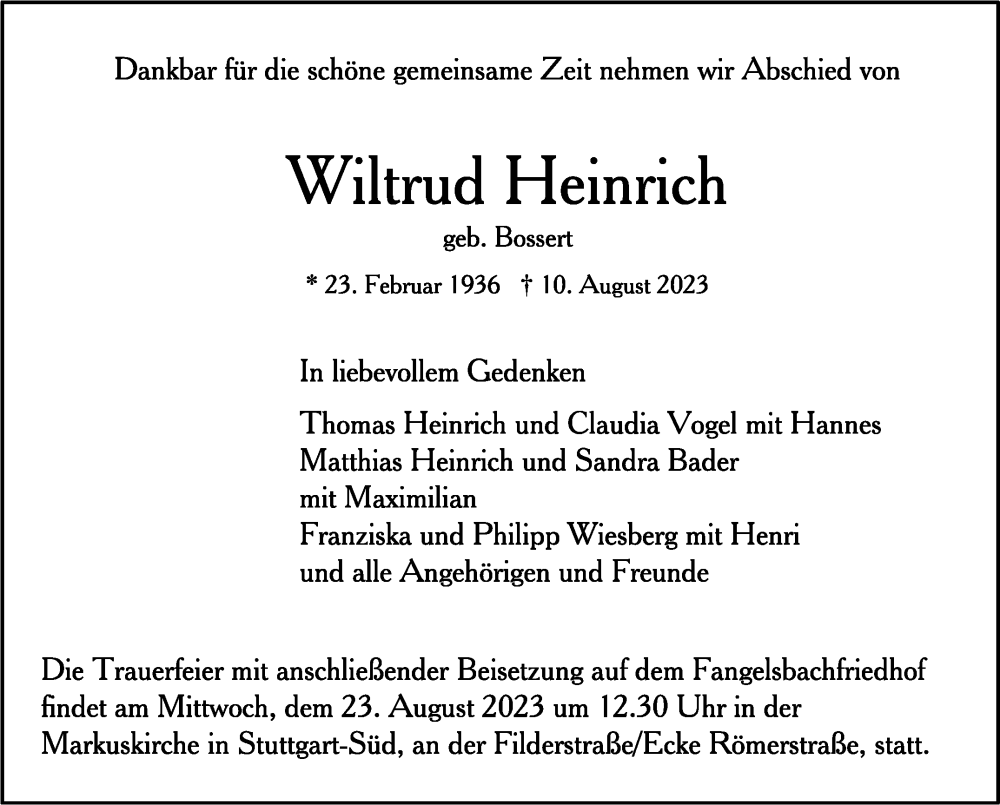  Traueranzeige für Wiltrud Heinrich vom 19.08.2023 aus 