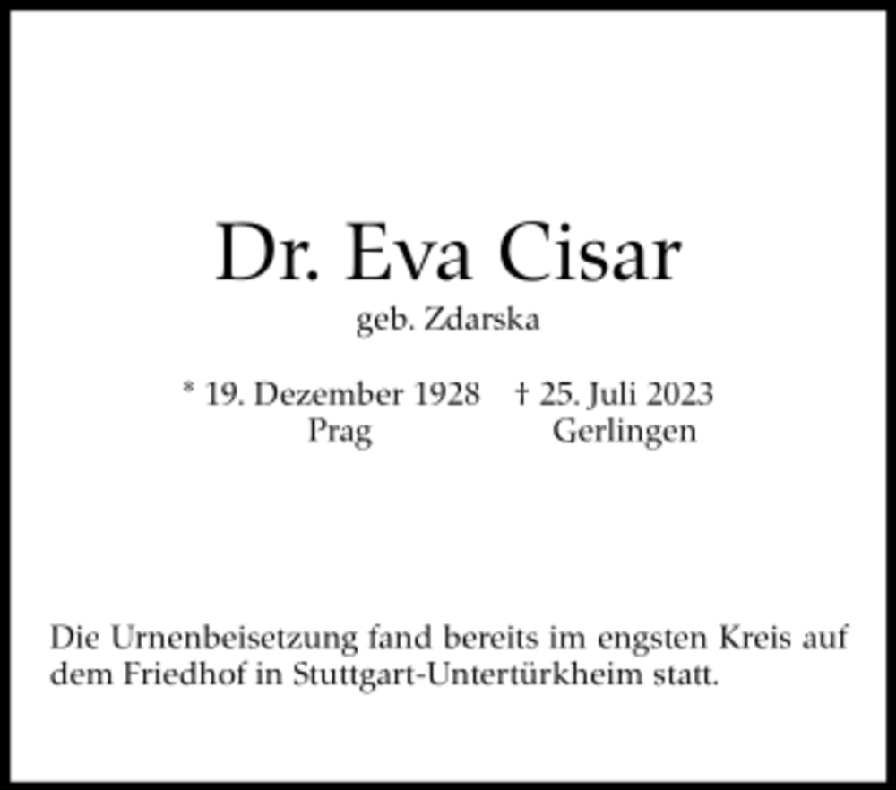  Traueranzeige für Eva Cisar vom 26.08.2023 aus trauer.de