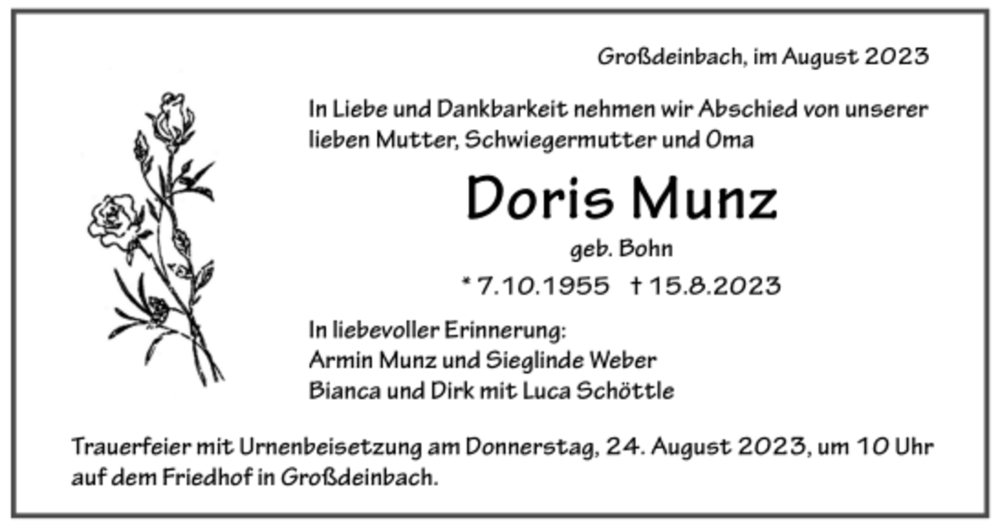  Traueranzeige für Doris Munz vom 21.08.2023 aus trauer.de