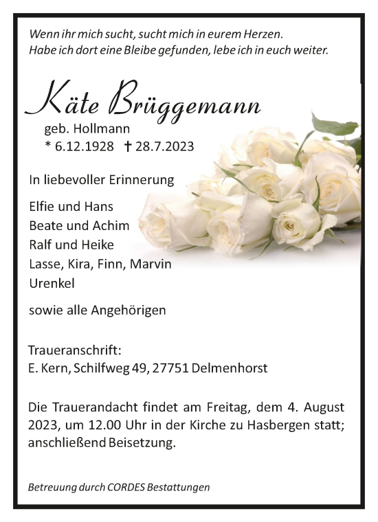 Todesanzeige von Käte Brüggemann von trauer.de