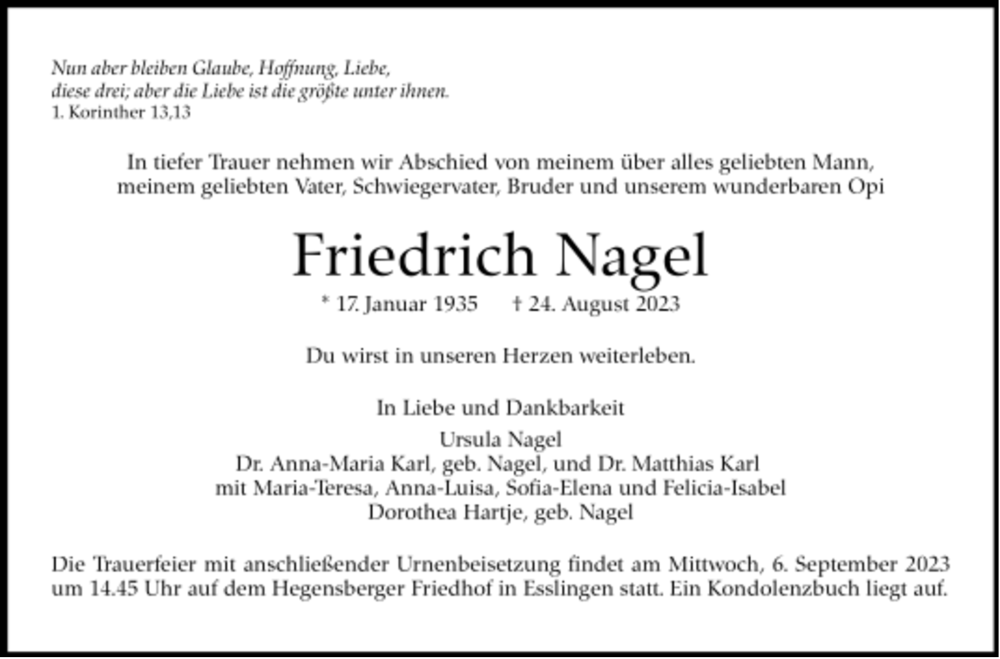  Traueranzeige für Friedrich Nagel vom 30.08.2023 aus 