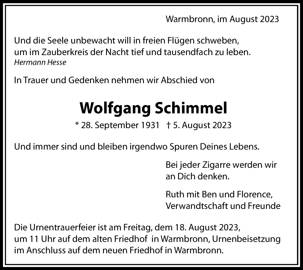  Traueranzeige für Wolfgang Schimmel vom 10.08.2023 aus trauer.de
