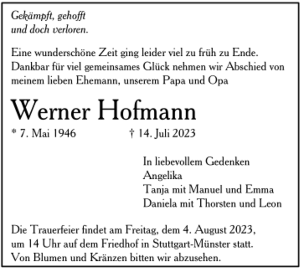  Traueranzeige für Werner Hofmann vom 04.08.2023 aus trauer.de