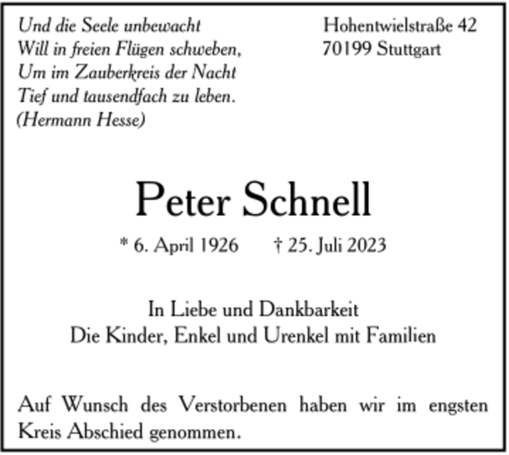  Traueranzeige für Peter Schnell vom 04.08.2023 aus trauer.de