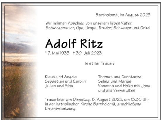 Todesanzeige von Adolf Ritz von trauer.de