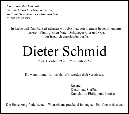 Todesanzeige von Dieter Schmid von trauer.de