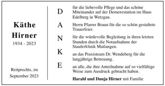 Todesanzeige von Käthe Hirner von trauer.de
