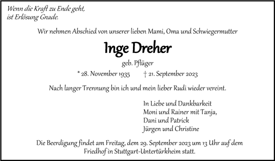 Todesanzeige von Inge Dreher von trauer.de