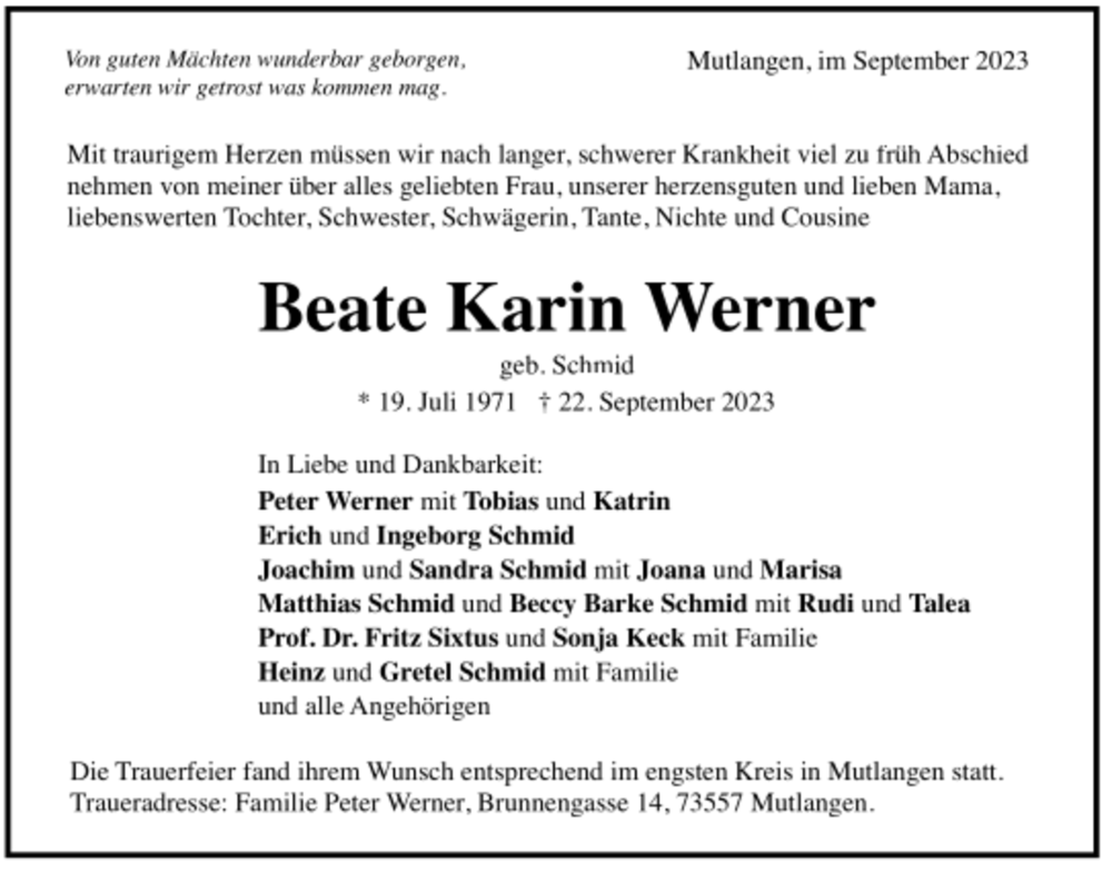  Traueranzeige für Beate Karin Werner vom 30.09.2023 aus trauer.de