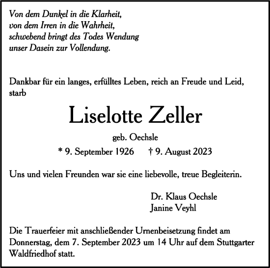 Todesanzeige von Liselotte Zeller von trauer.de