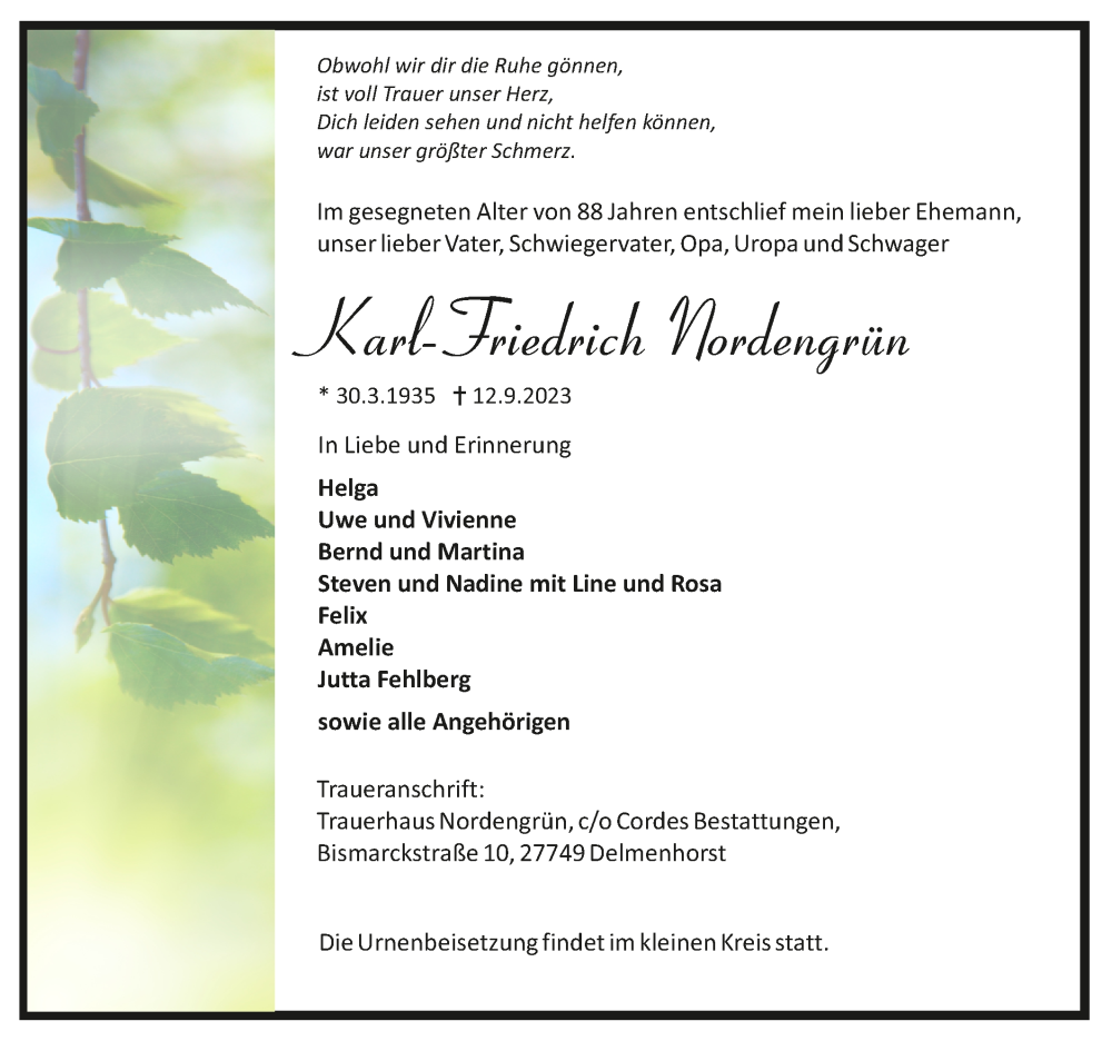  Traueranzeige für Karl-Friedrich Nordengrün vom 16.09.2023 aus trauer.de