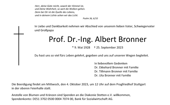 Todesanzeige von Albert Bronner von trauer.de