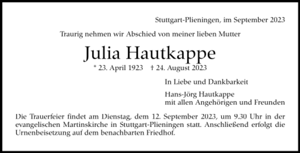  Traueranzeige für Julia Hautkappe vom 02.09.2023 aus trauer.de