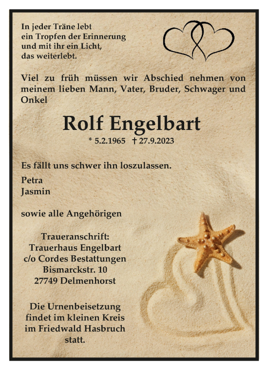 Todesanzeige von Rolf Engelbart von trauer.de