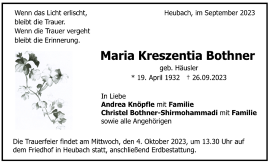 Todesanzeige von Maria Kreszentia Bothner von trauer.de