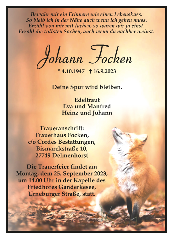 Todesanzeige von Johann Focken von trauer.de