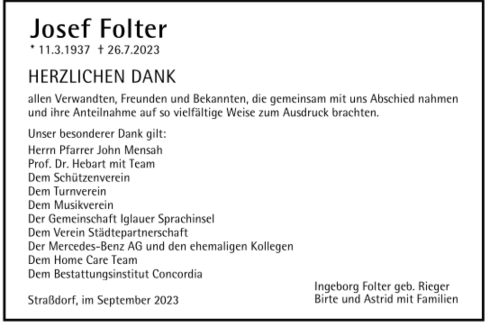  Traueranzeige für Josef Folter vom 09.09.2023 aus trauer.de