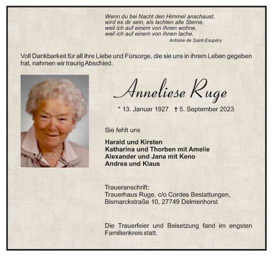 Todesanzeige von Anneliese Ruge von trauer.de