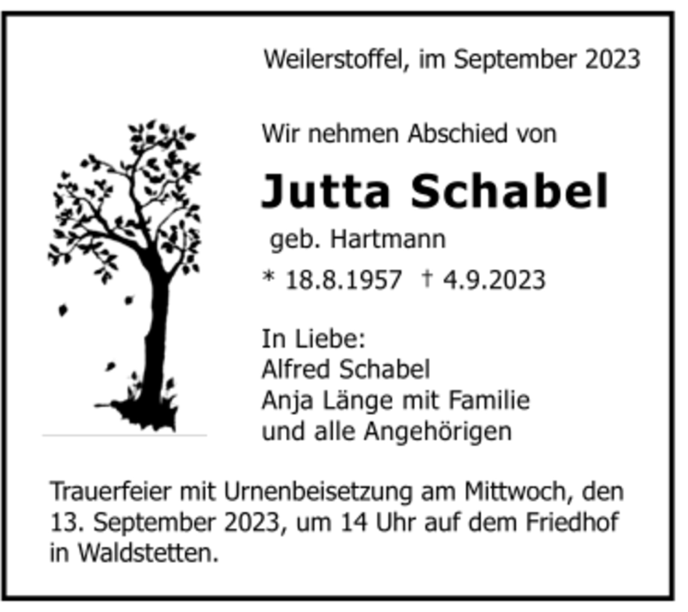  Traueranzeige für Jutta Schabel vom 09.09.2023 aus trauer.de