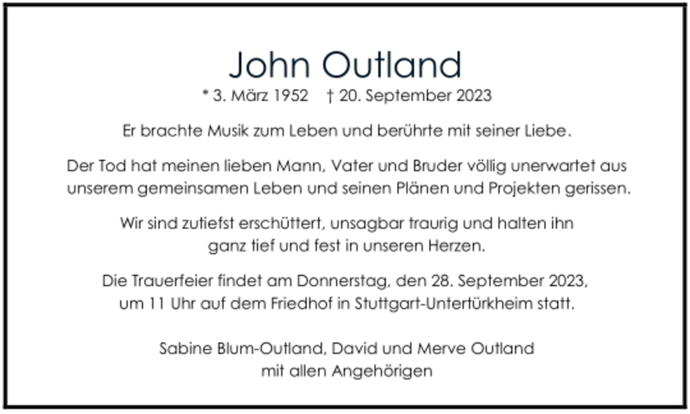  Traueranzeige für John Outland vom 25.09.2023 aus trauer.de
