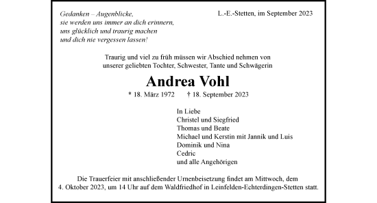 Todesanzeige von Andrea Vohl von trauer.de