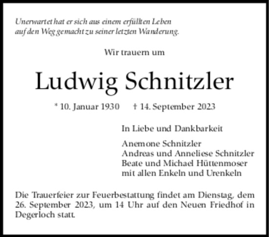 Todesanzeige von Ludwig Schnitzler von Trauer.de