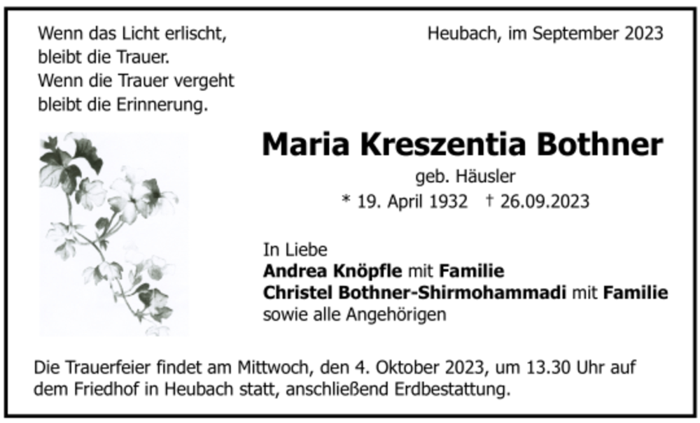  Traueranzeige für Maria Kreszentia Bothner vom 30.09.2023 aus trauer.de