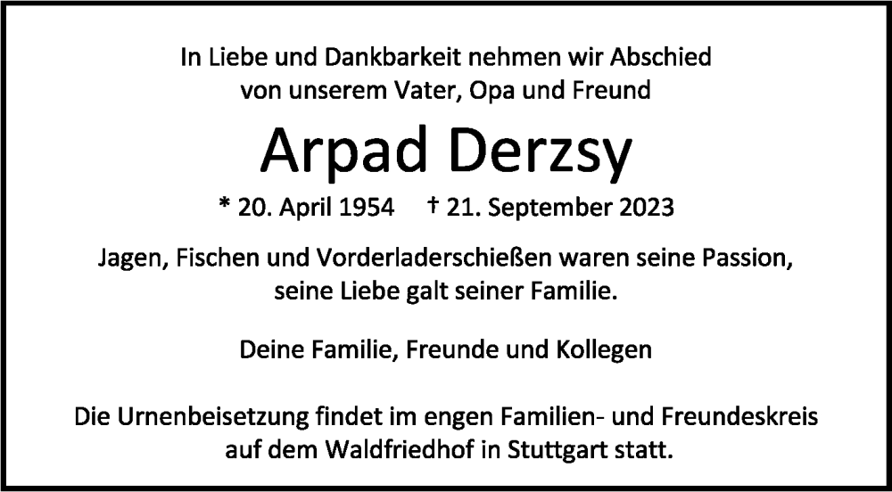  Traueranzeige für Arpad Derzsy vom 29.09.2023 aus trauer.de