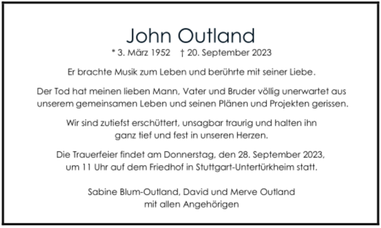 Todesanzeige von John Outland von trauer.de