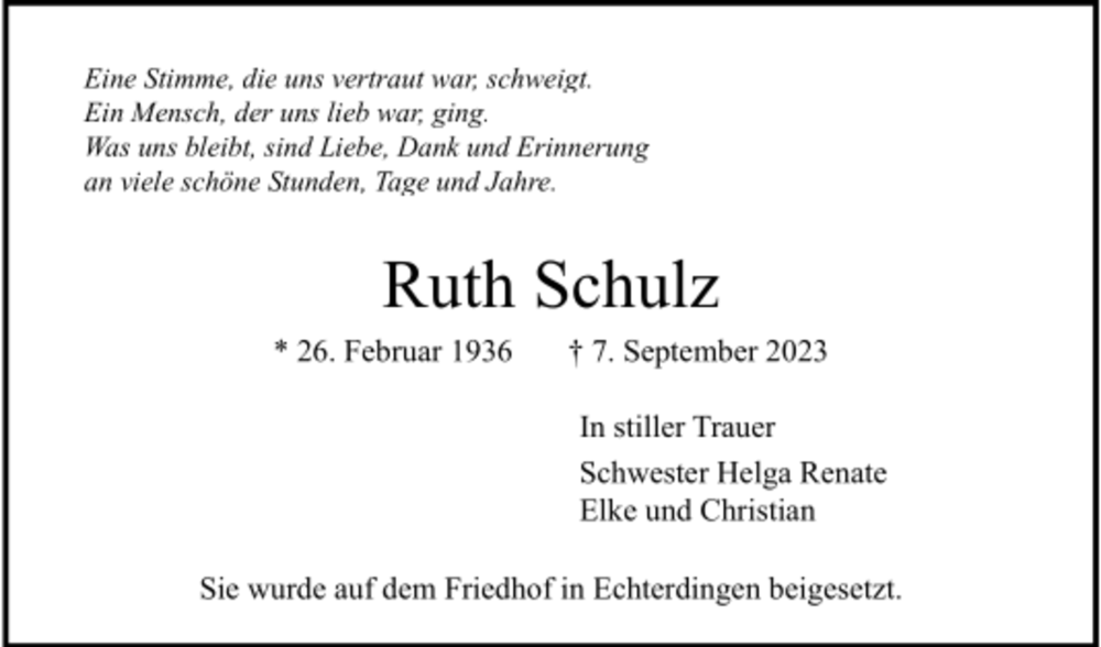  Traueranzeige für Ruth Schulz vom 18.09.2023 aus trauer.de