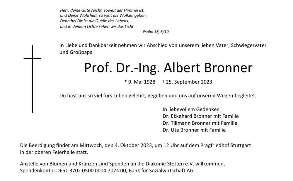  Traueranzeige für Albert Bronner vom 30.09.2023 aus trauer.de