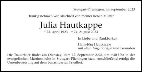 Todesanzeige von Julia Hautkappe von trauer.de