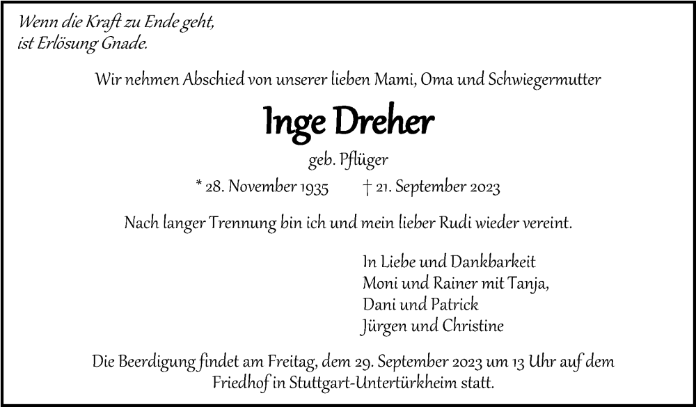  Traueranzeige für Inge Dreher vom 27.09.2023 aus trauer.de