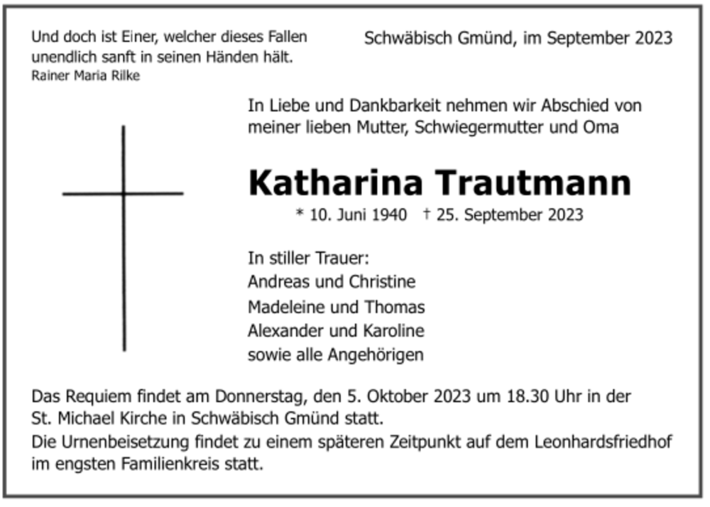  Traueranzeige für Katharina Trautmann vom 30.09.2023 aus trauer.de