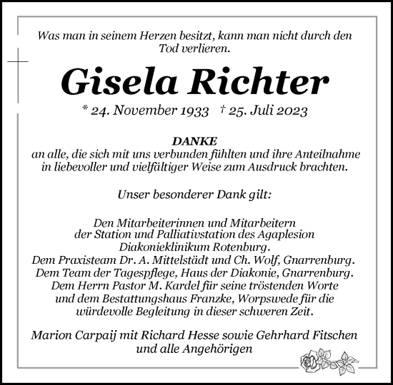 Todesanzeige von Gisela Richter von trauer.de