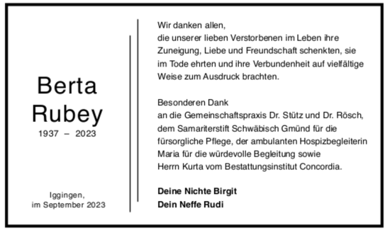 Todesanzeige von Berta Rubey von trauer.de