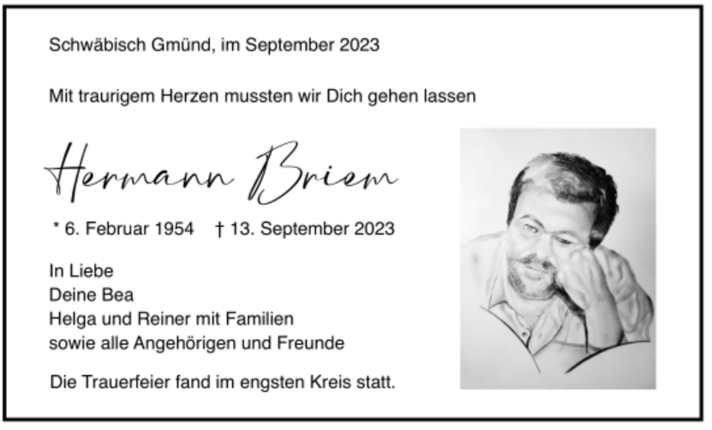  Traueranzeige für Hermann Briem vom 30.09.2023 aus trauer.de
