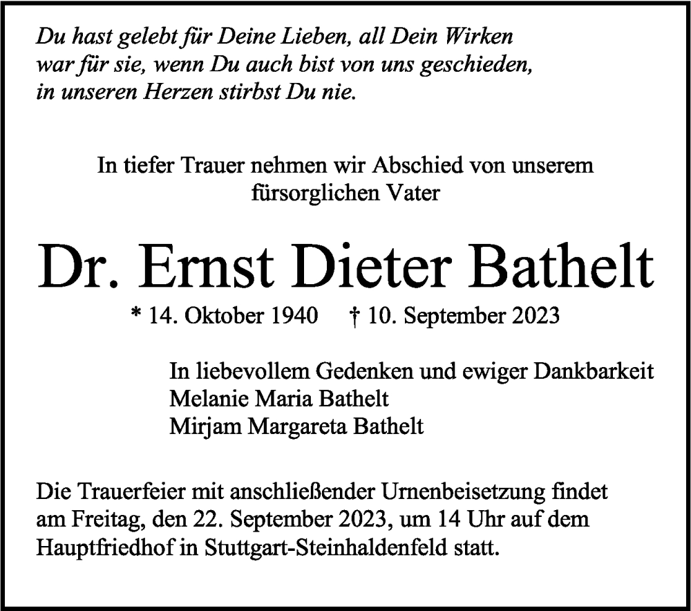  Traueranzeige für Ernst Dieter Bathelt vom 16.09.2023 aus trauer.de