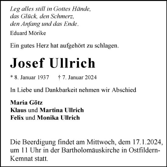 Todesanzeige von Josef Ullrich von Trauer.de