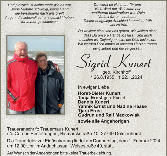 Todesanzeige von Sigrid Kunert von Trauer.de